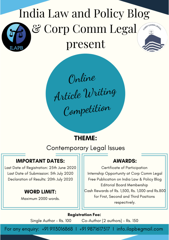 ONLINE ARTICLE WRITING COMPETITION BY INDIA LAW AND POLICY BLOG & CORP COMM LEGAL: SUBMISSIONS OPEN!!!