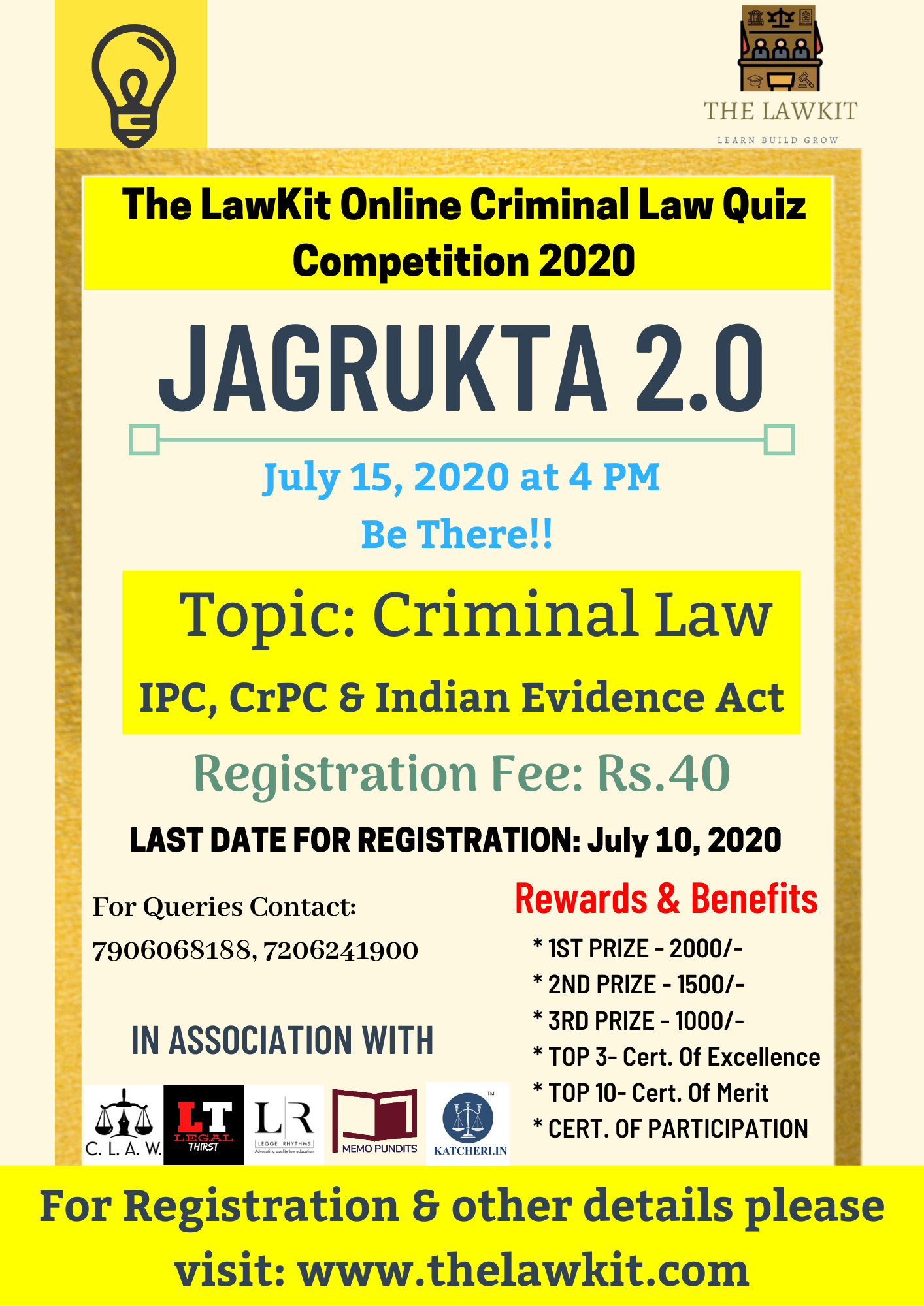 2ND ONLINE QUIZ COMPETITION JAGRUKTA BY THE LAWKIT: REGISTER BY JULY 10