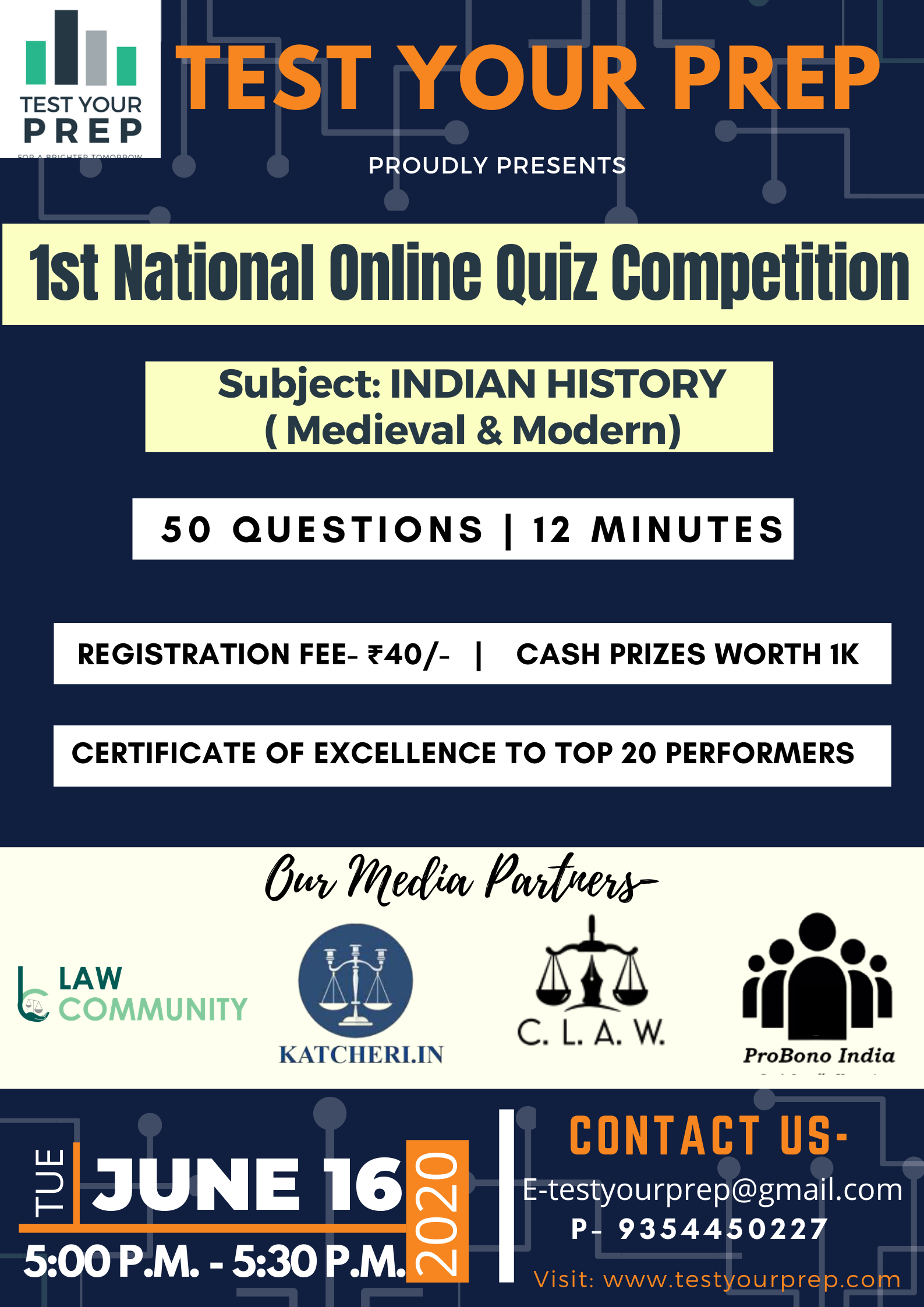 1ST NATIONAL ONLINE QUIZ COMPETITION BY TEST YOUR PREP: REGISTRATIONS OPEN