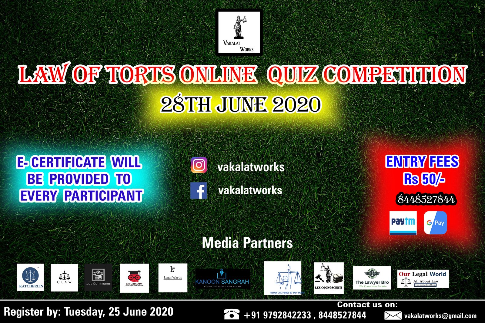 LAW OF TORTS ONLINE QUIZ COMPETITION By Vakalat Works: Apply by 25TH June, 2020