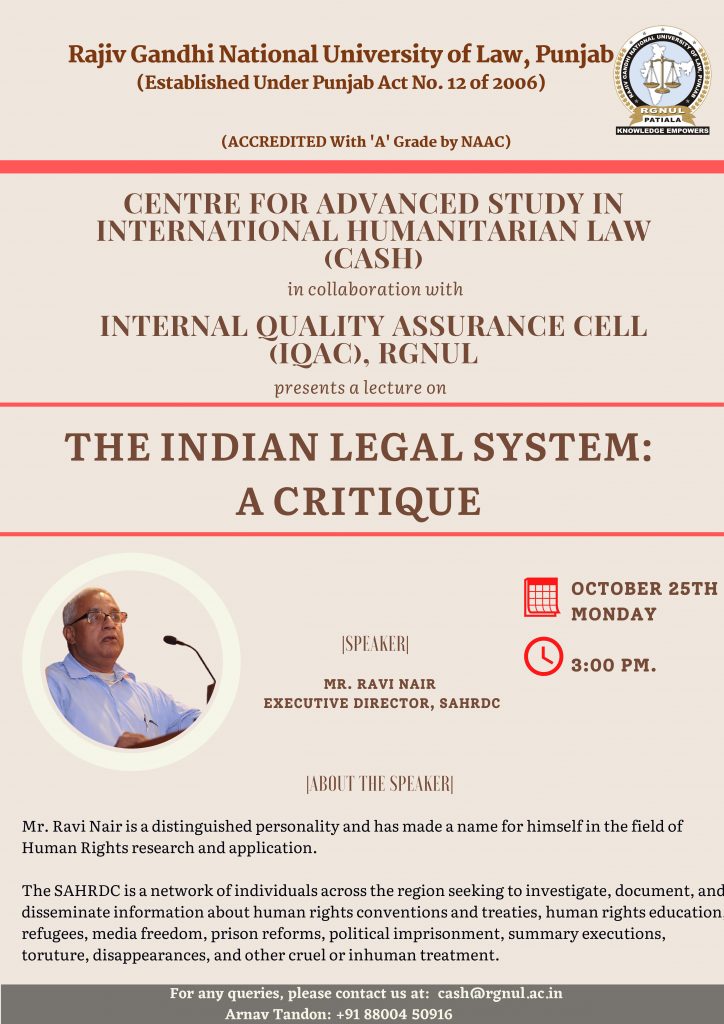 ONE-DAY ONLINE LECTURE ON 'THE INDIAN LEGAL SYSTEM: A CRITQUE’ BY CASH, RGNUL: REGISTER NOW!!